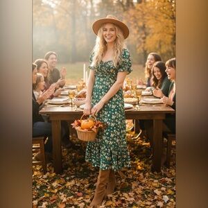 Green Ditsy Floral Puff Sleeve Midi Dress | Size L